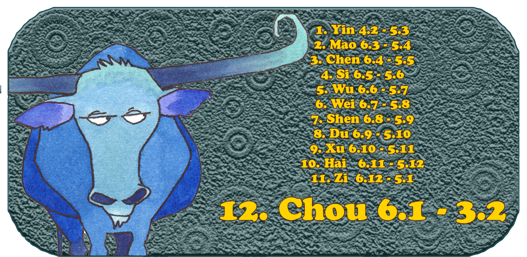 Kinesisk stjernetegn | De tolv kinesiske dyrene | okse, måned 12, Chou