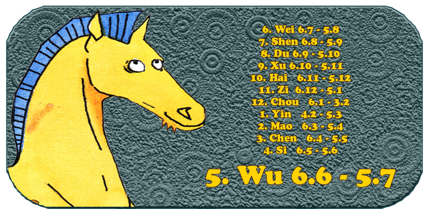 Kinesisk stjernetegn | De tolv kinesiske dyr | Hest, juni, måned 5, Wu