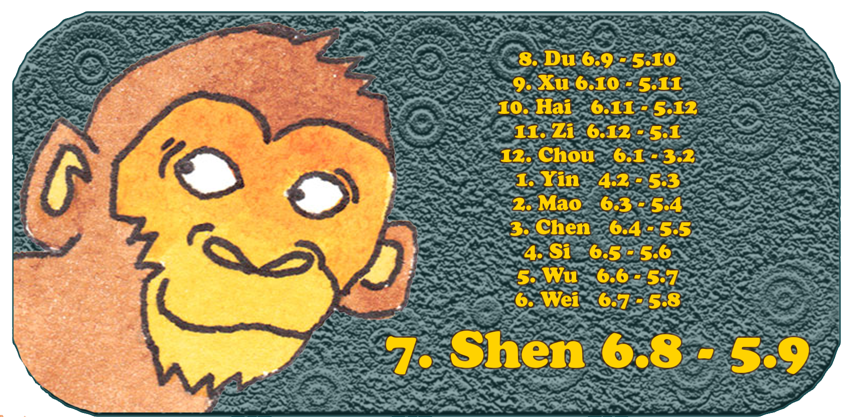 Kinesisk stjernetegn | De tolv kinesiske dyr | Abe, august, måned 7, Shen