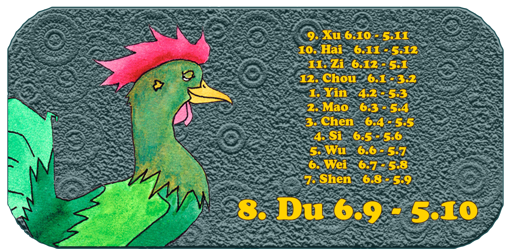 Kinesisk stjernetegn | De tolv kinesiske dyr | Hane, september, måned 8, Du